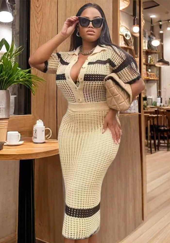 Color-Block Turn-Down Collar Knit Top Skirt Set