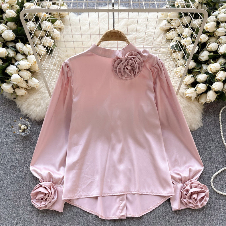 Women French Long Sleeve Chic Satin Shirt 4