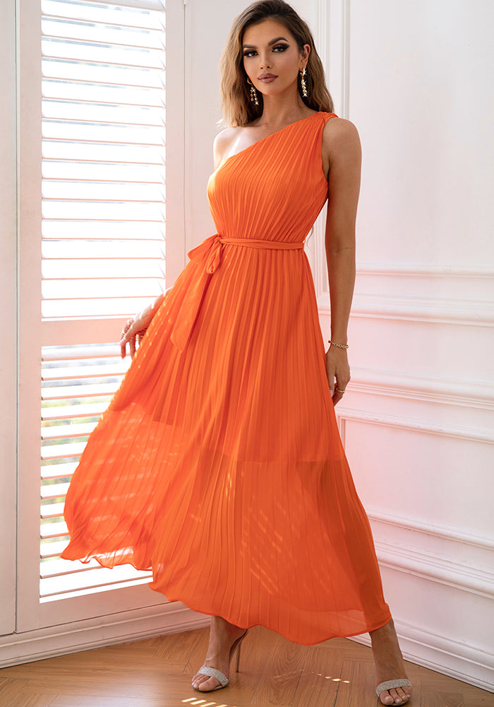 Women Collarless One-Shoulder Chiffon Pleated Dress