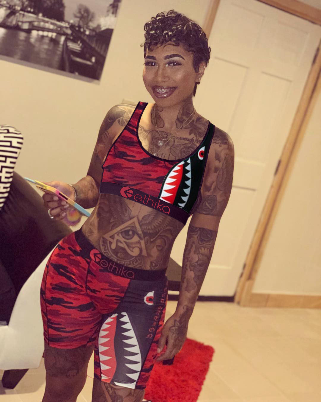 Cartoon Print Casual Camouflage Tank Biker Shorts Two-Piece Set