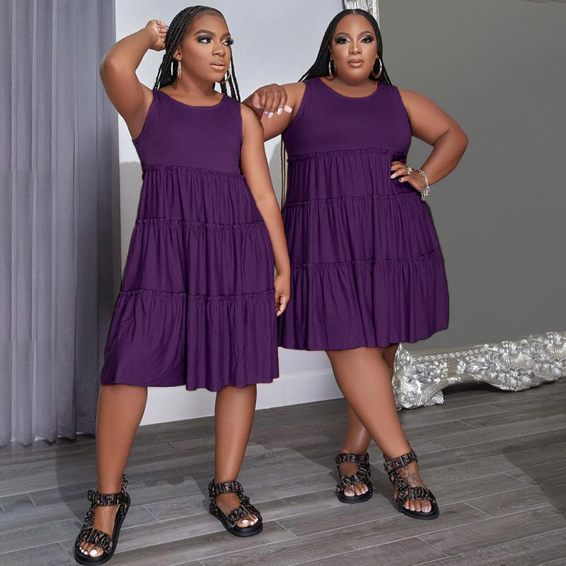 Summer Solid Round Neck Sleeveless Casual Women's Fashion Pleated Casual Dress 5