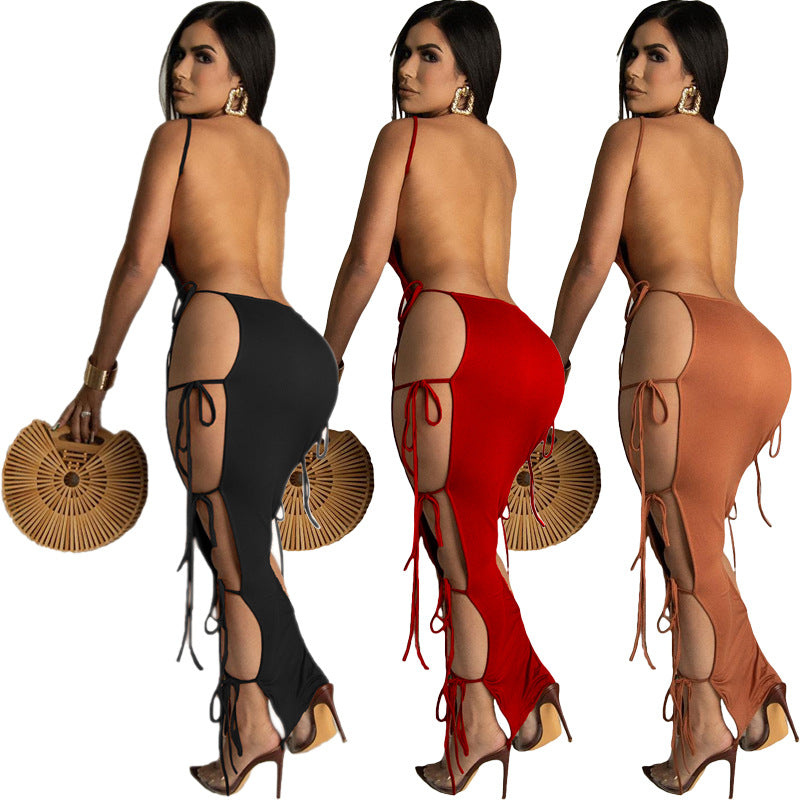 Women's Summer Sexy Straps Lace-Up Slit Solid Color Long Dress 4