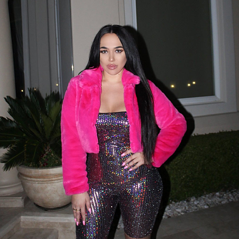 Women Sexy Solid Candy Color Faux furryCrop Jacket 16