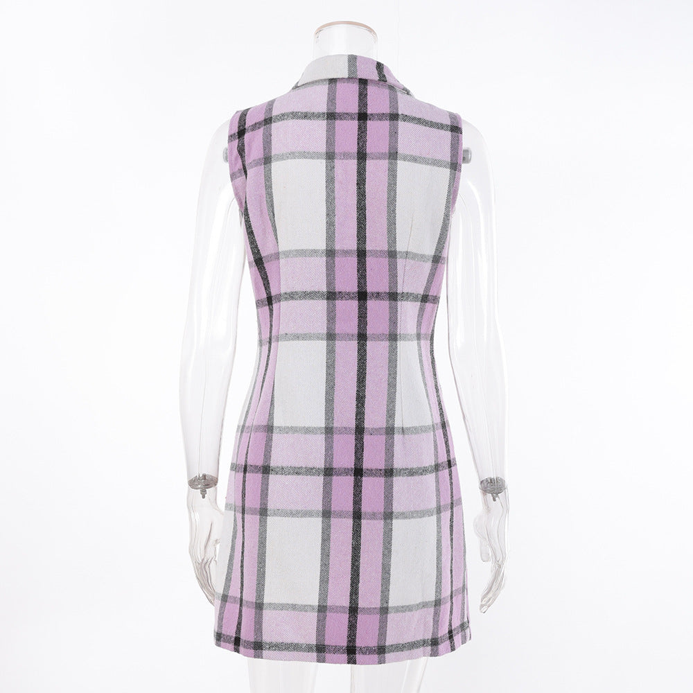 Women's Fashion Plaid Long Vest Turndown Collar Sleeveless Blazer 30