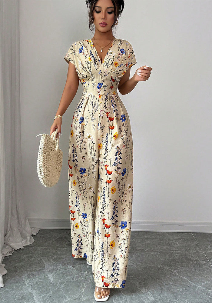 Women autumn printed short-sleeved wide-leg jumpsuit