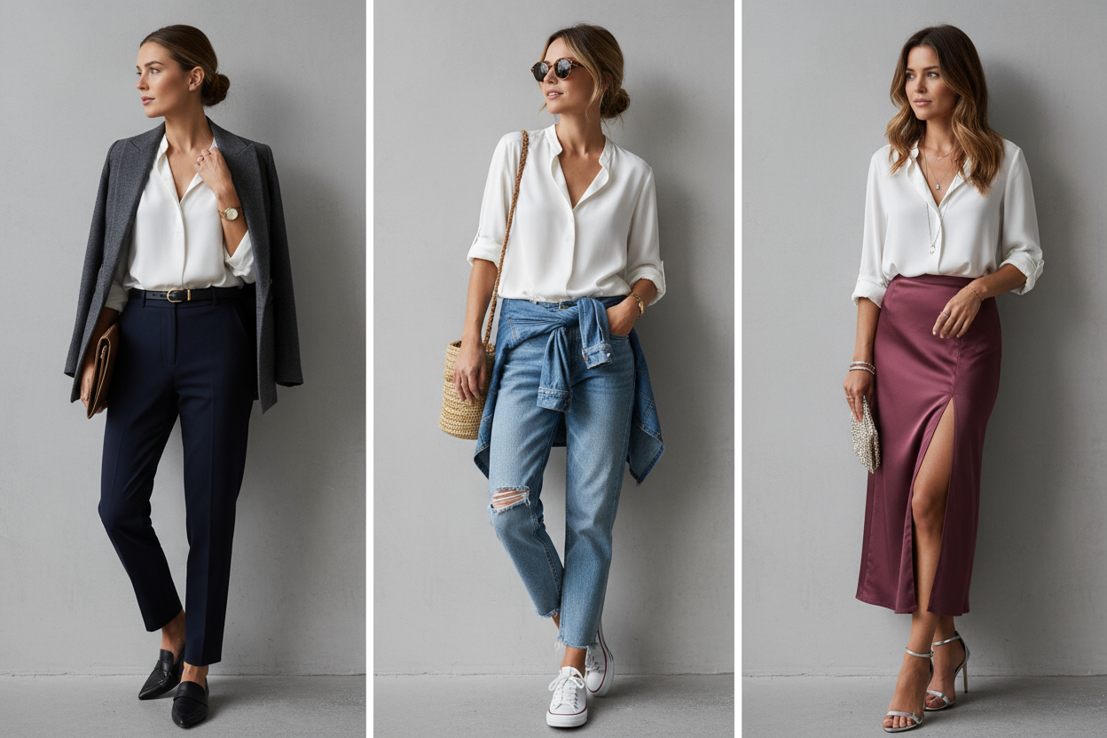 A chic, versatile white blouse styled three different ways in one composite image. 