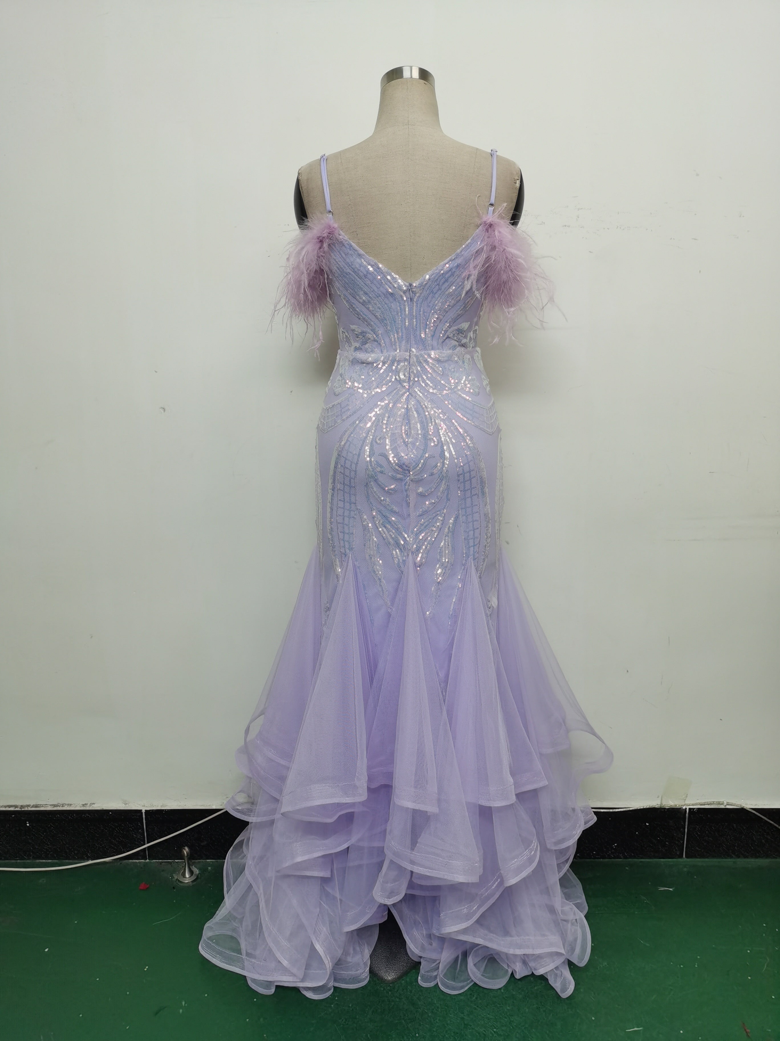 Women ostrich feather flower sequins patchwork mesh evening dress 28