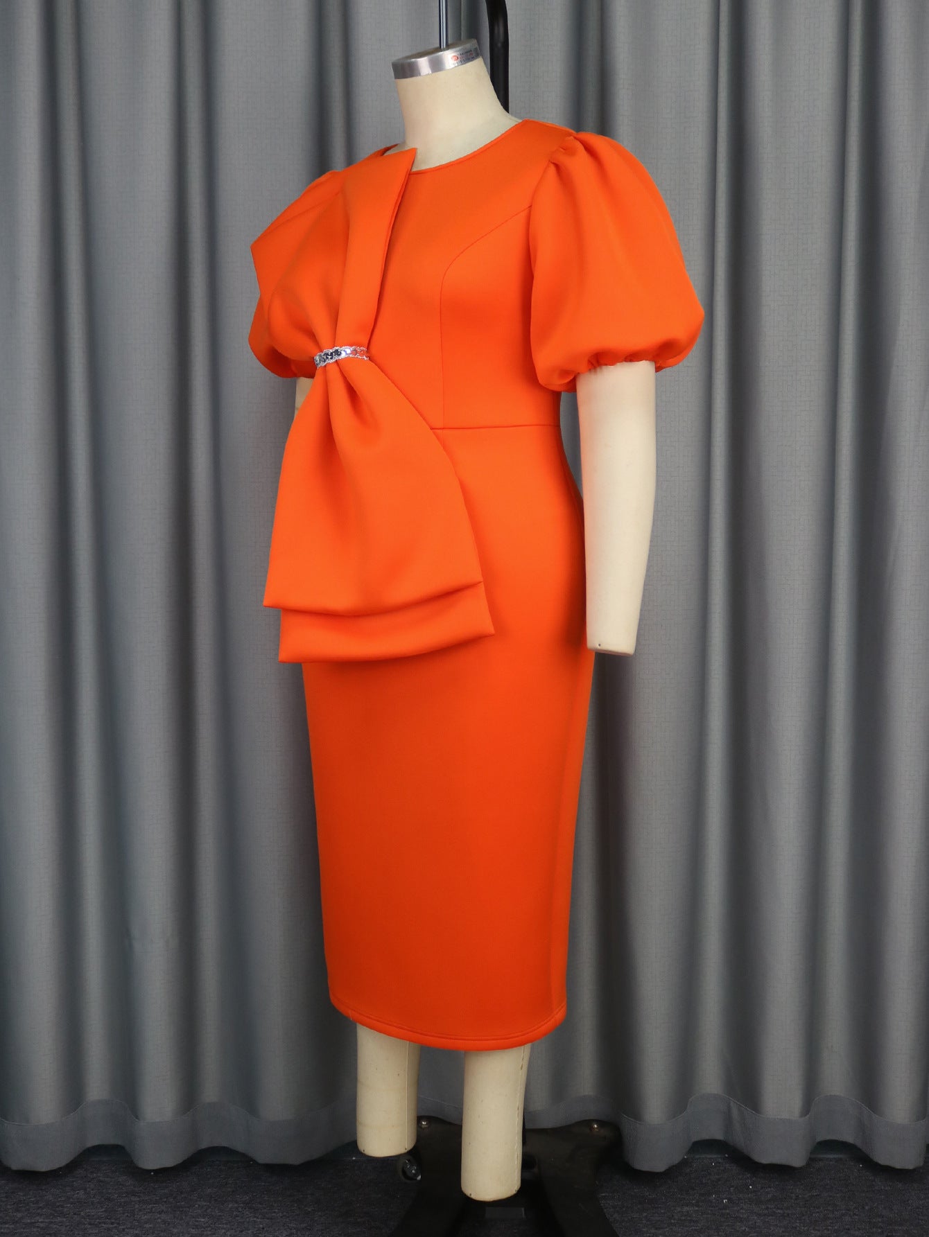 Elegant Puff Sleeve Round Neck Dress Bow Accent High Waist Party Gown 5