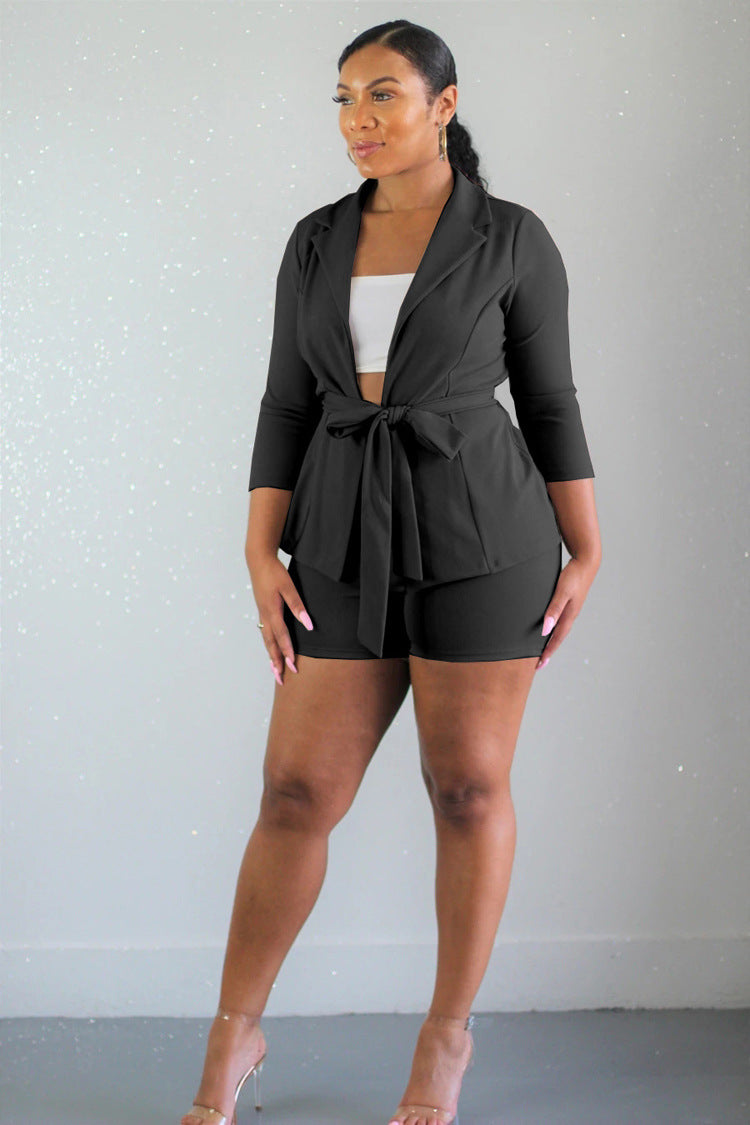 Women Casual Lace-up Blazer and Shorts Two-piece Set 3