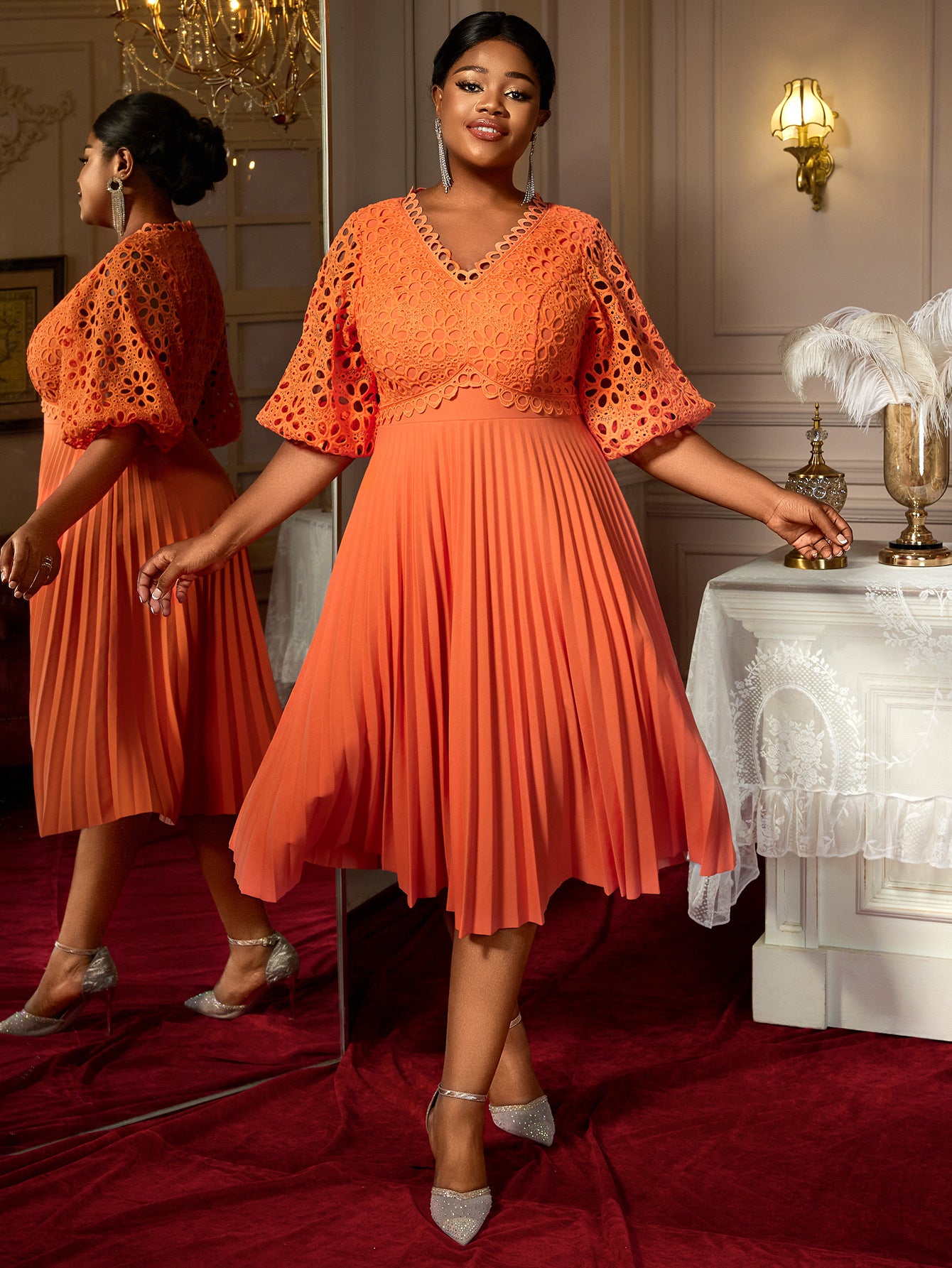 Plus Size Lace Cut-Out Puff Sleeve V-Neck Slim Fit A-Line Pleated Party Dress 6