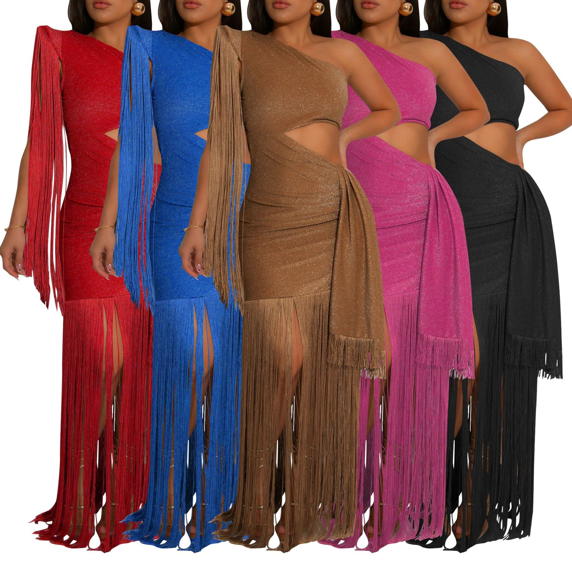 Women Silky Shiny Tassel Off-Shoulder Sexy Dress 16