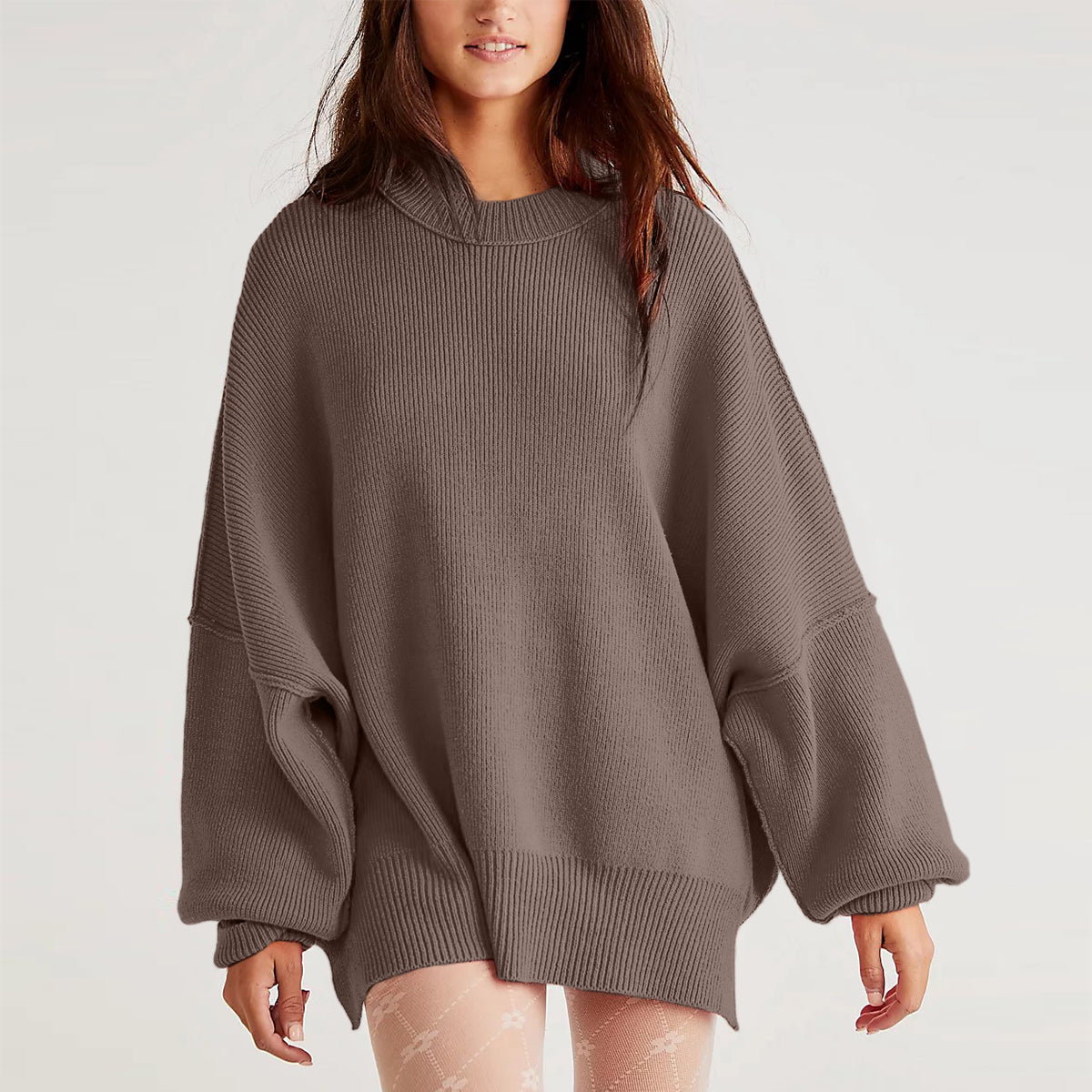 Women Autumn and Winter Loose Knitting Long Sleeve Slit Round Neck Sweater 10