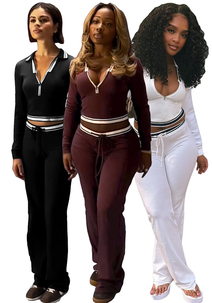 Women Turndown Collar Half-Zip Top and Drawstring Wide-Leg Pants Casual Athletic Two-Piece Set