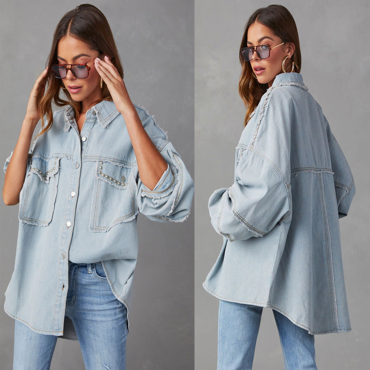 Women Autumn Rivets Turndown Collar Beard Denim Jacket 3