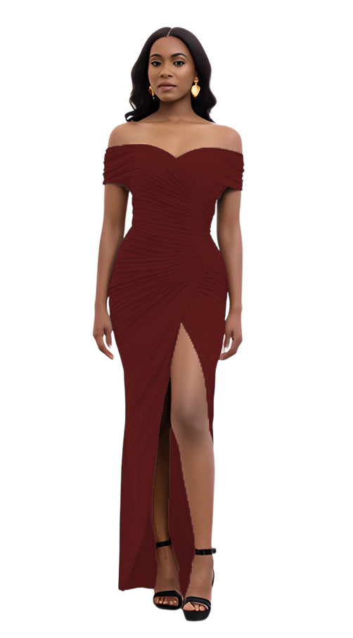 Solid Color Off Shoulder Slit Long Dress 9