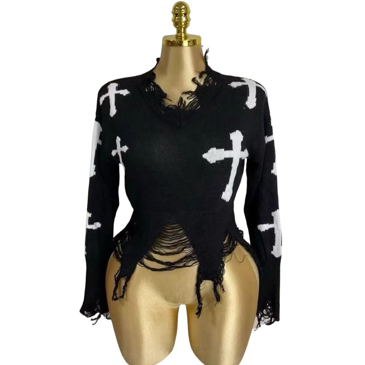 Women Cross Ripped Tassel Dark Long-Sleeved Pullover Knitting Sweater 12