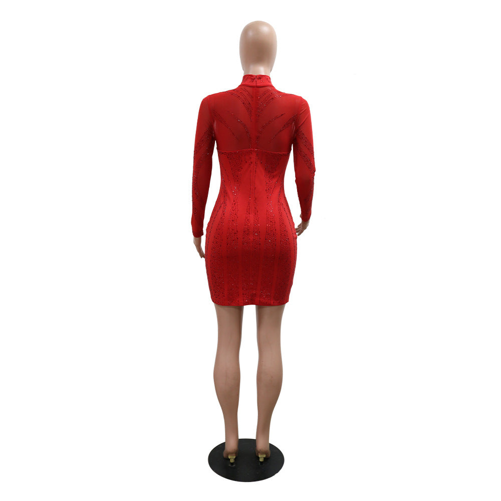 Sexy Solid Color Long Sleeve Beaded Bodycon Dress 10