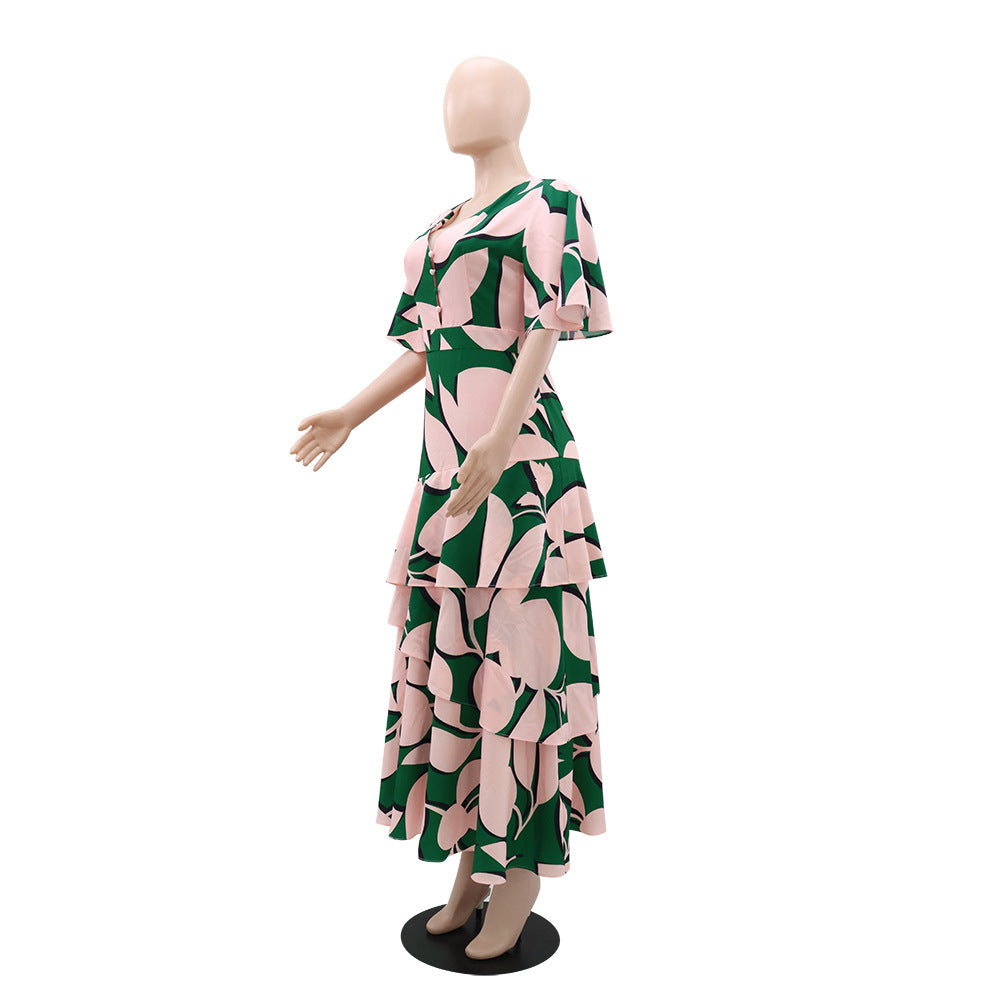 Women Casual Dress V-Neck Button Design Irregular Cascading Ruffles Dress 5