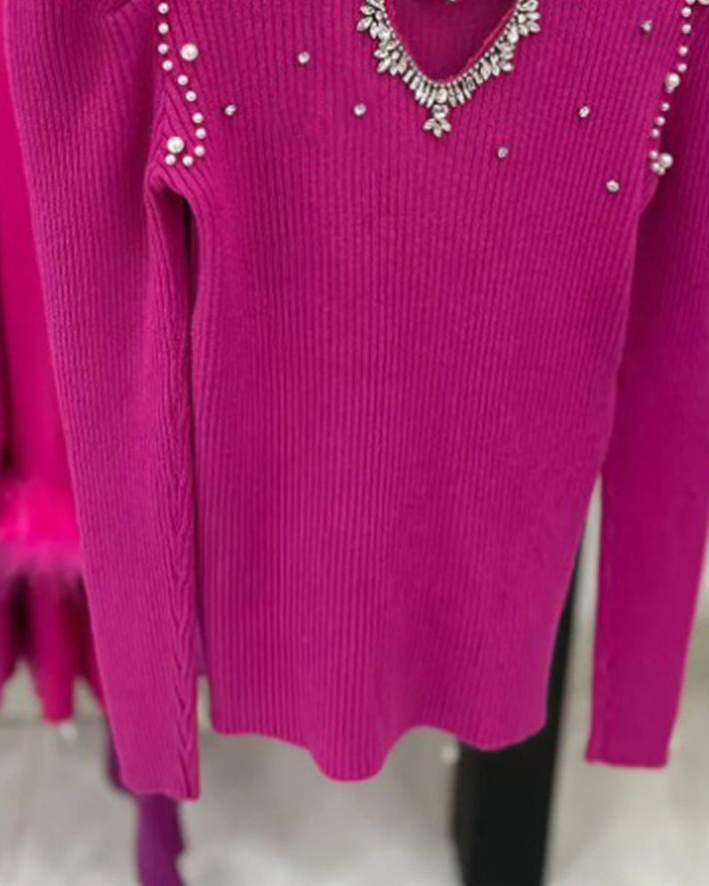 Women Hot drill Heart Print Hollow Sweater 7