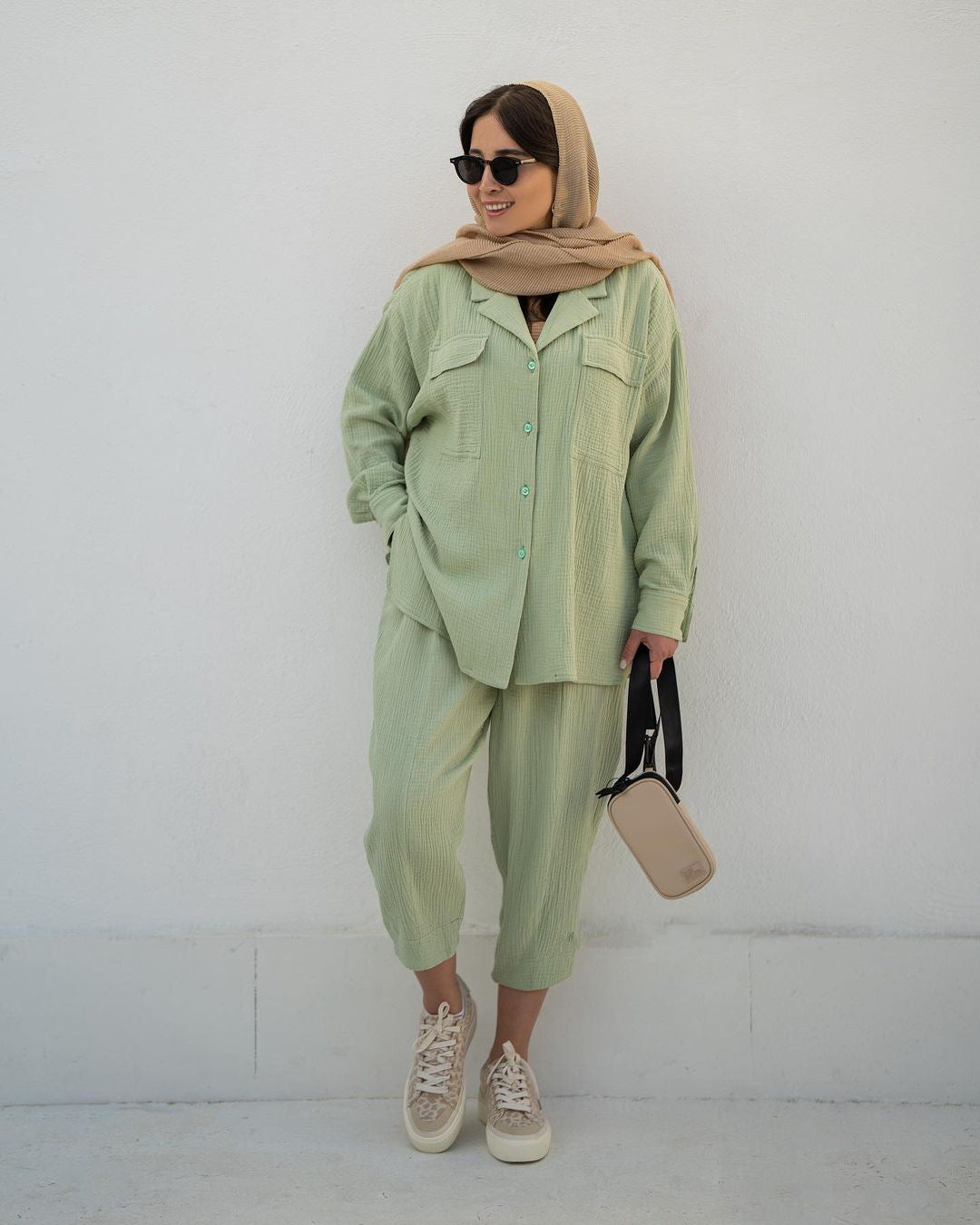 Women's Fashion Loose Solid Color Turndown Collar Long Sleeve Shirt Nine-Point Pants Two Piece Set 4