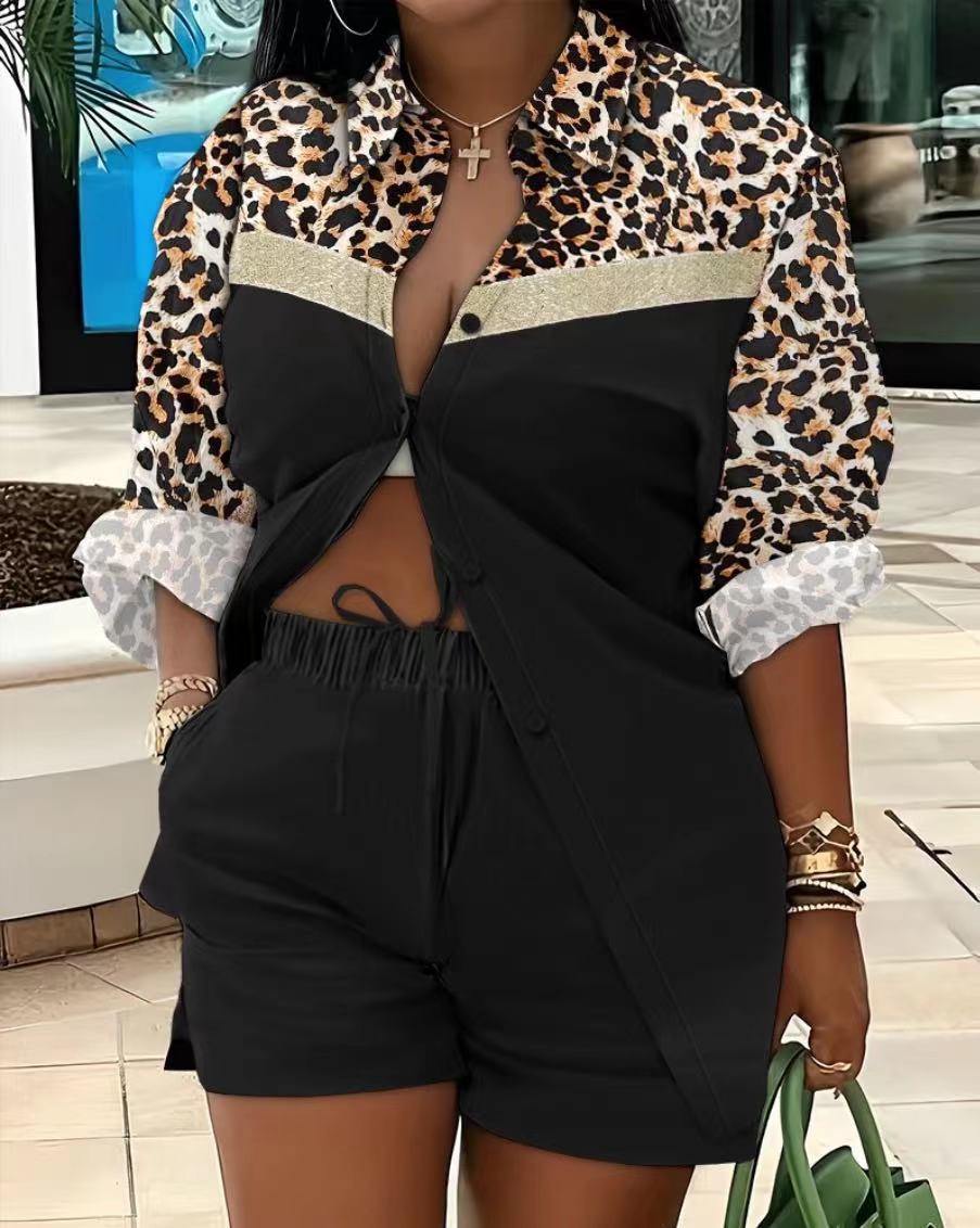 Women's Long Sleeve Printed Shirt Shorts Printed Two Piece Set 36