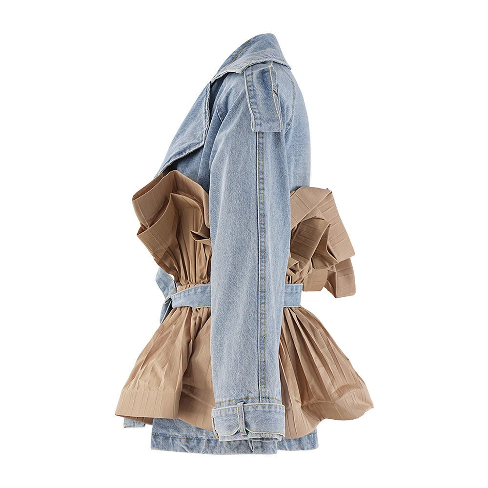 Women's Autumn Ruffle Contrast Color Patchwork Belt Turndown Collar Denim Jacket 10
