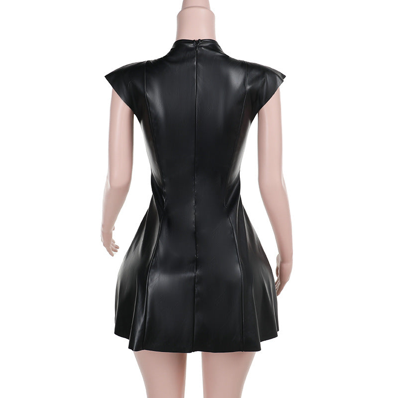 Sexy V-Neck Pu Leather Slim Waist Women Fashion Black Short Dress 5