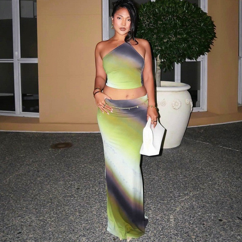 Women's gradient color one-shoulder Low Back Holidays two-piece fashion skirt set 6