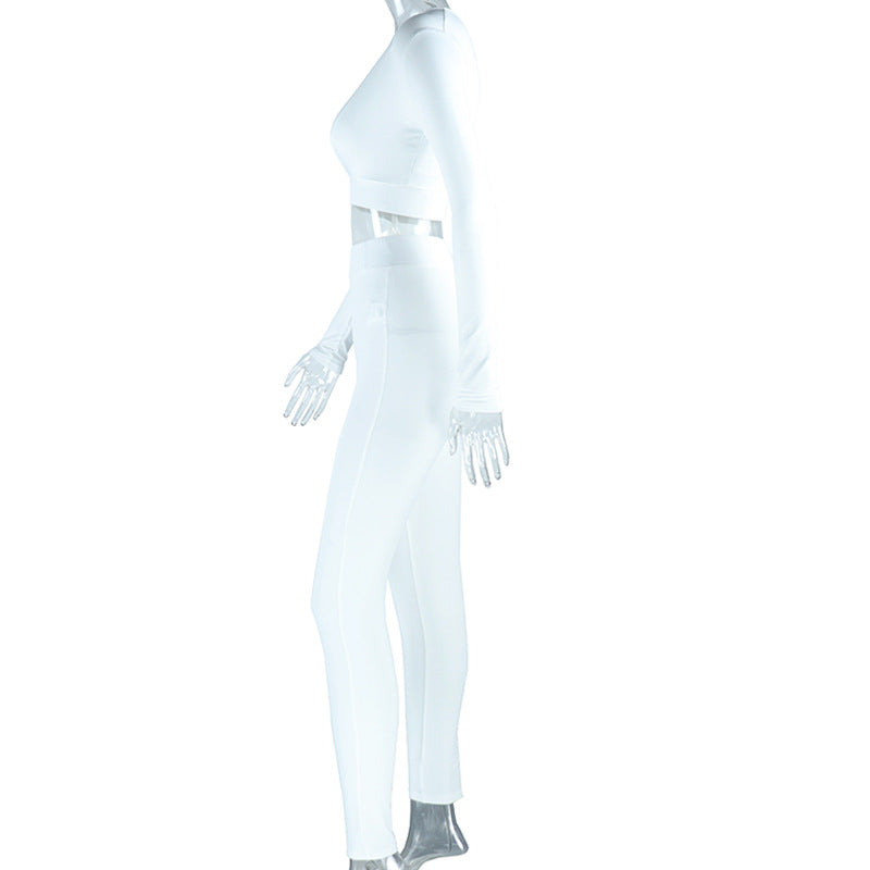 Women's Casual Sexy Solid Color Tight Slim Long Sleeve Top & Fitted Pants Set 9