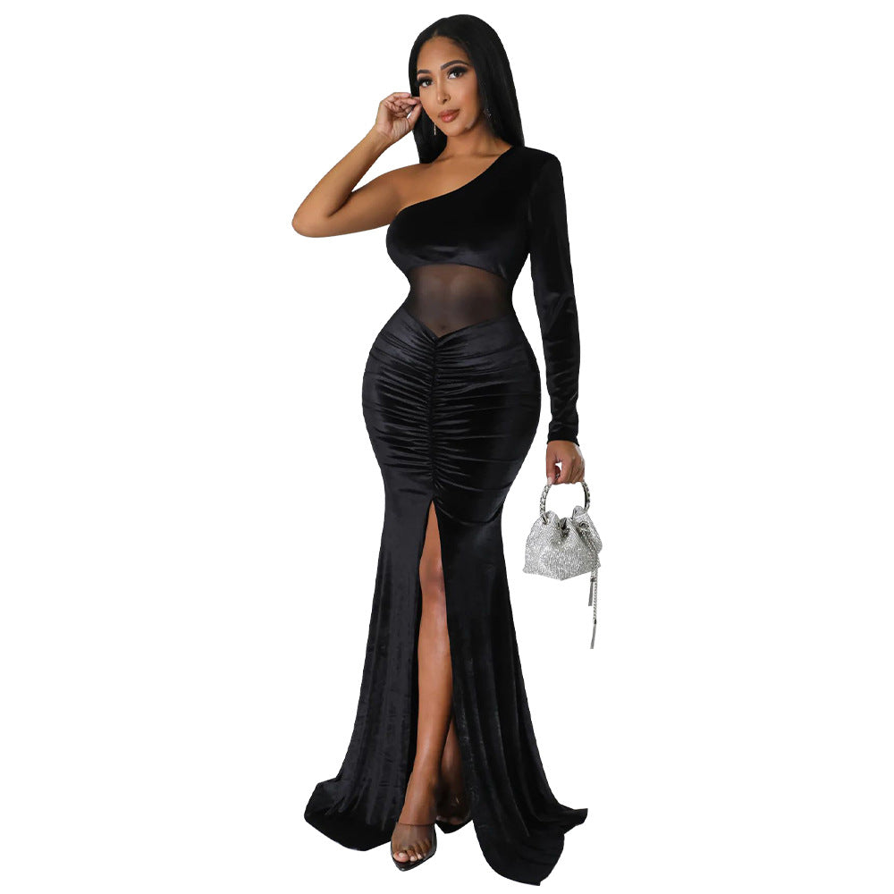 Women'S Fall/Winter Slash Shoulder Ruched Slit Solid Color Mermaid Dress 10