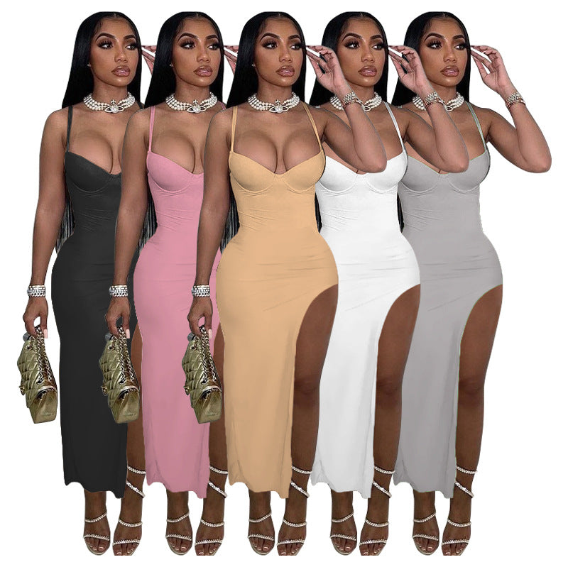 Women Sexy Low-Cut Backless Solid Color Straps Slit Bodycon Dress
