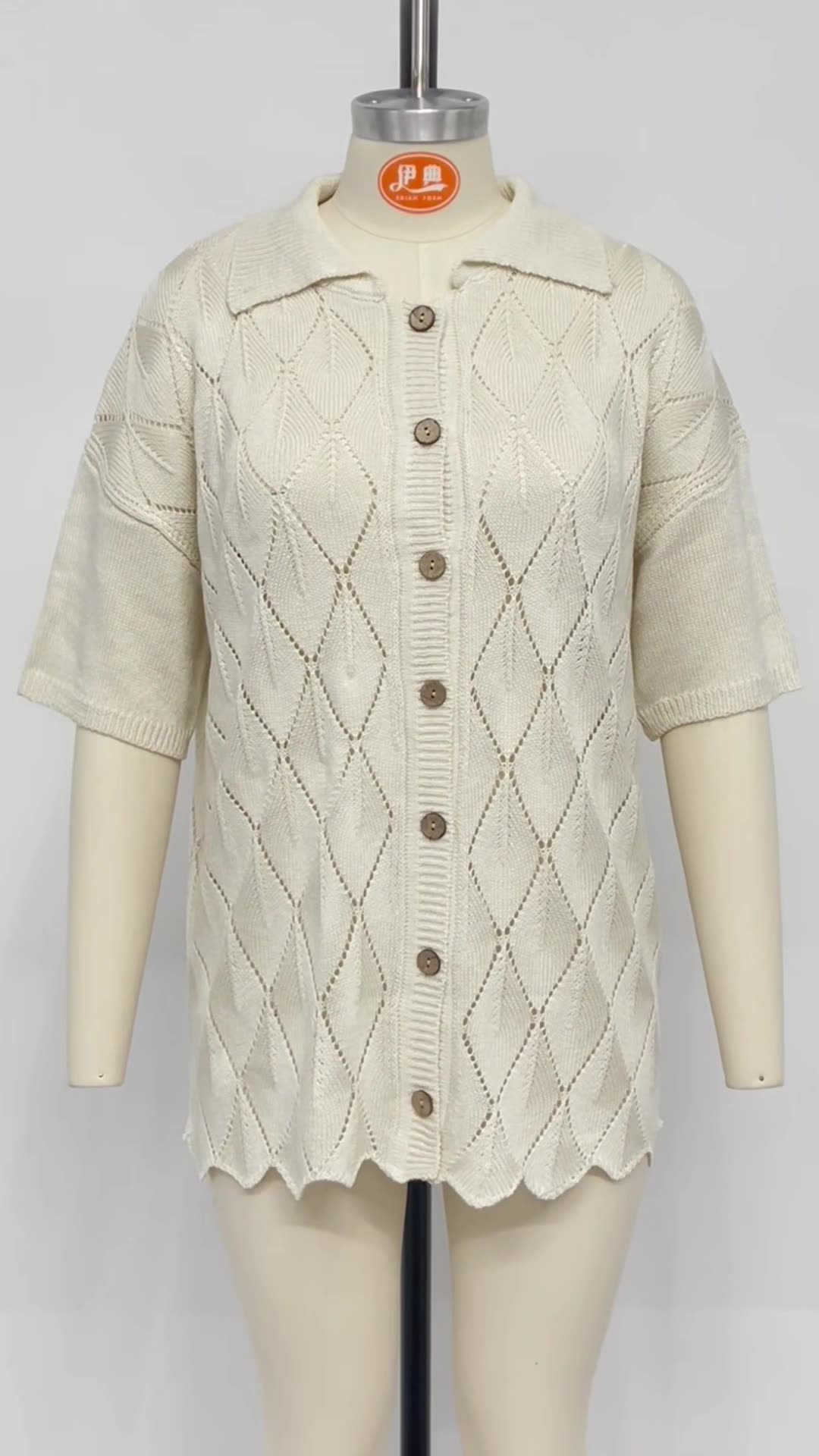 Women Spring Summer Turndown Collar Casual Short Sleeve Knitting Top 9