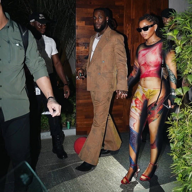 Women Body Painting Print Round Neck Long Sleeve Leg-Connected Jumpsuit 8