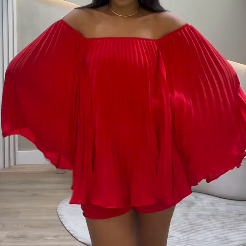Women Summer Pleated Off-Shoulder Top and Shorts 2-Piece Set 3