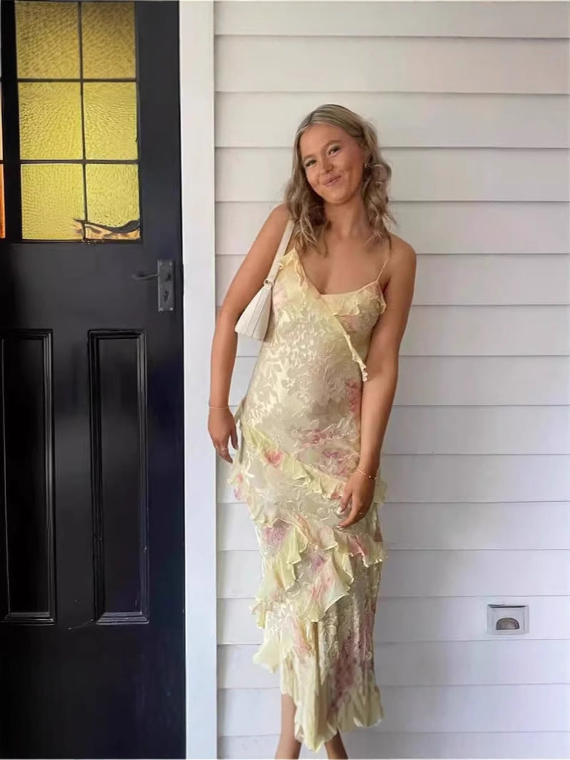 Women Printed Sexy Suspender Backless Lace-up Irregular Dress 6