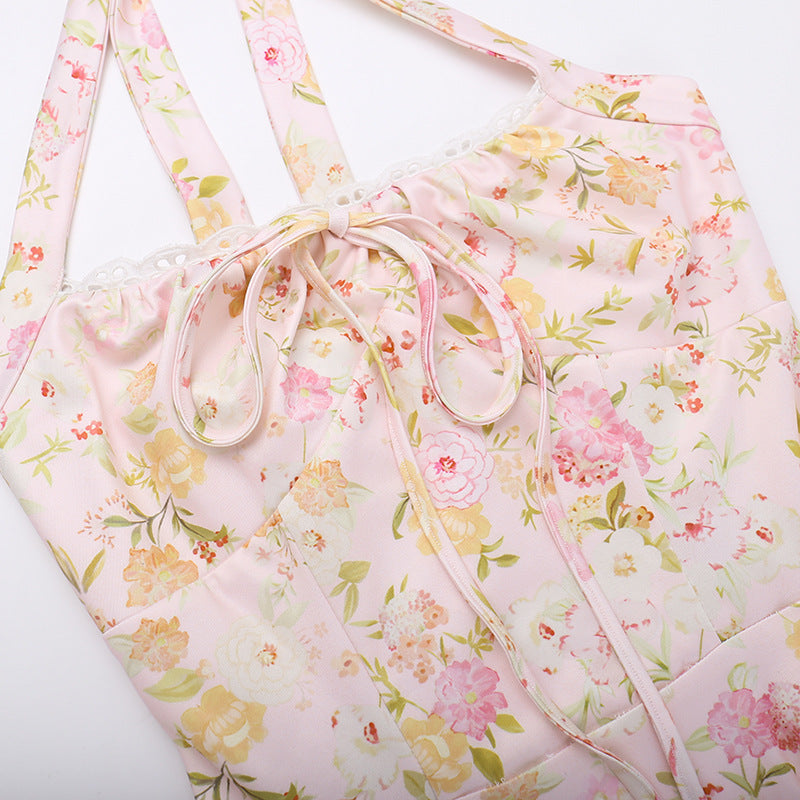 Summer Fashion Print Halter Neck Strap Long Dress 13