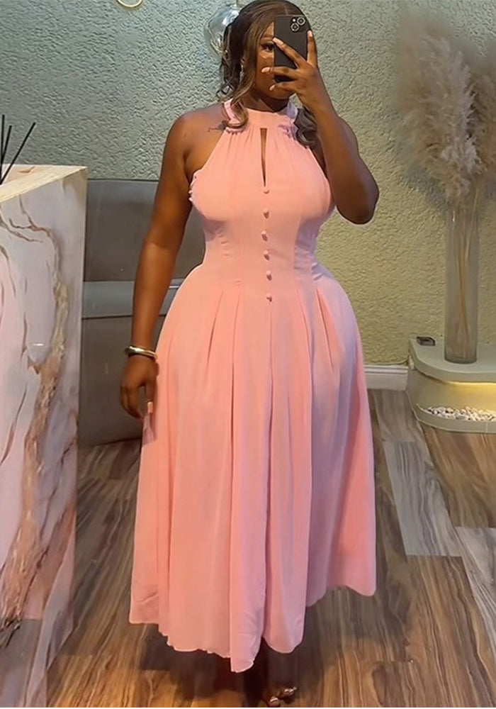 Women's summer Chic Halter Neck sleeveless Slim Waist Slim Fit pink long dress