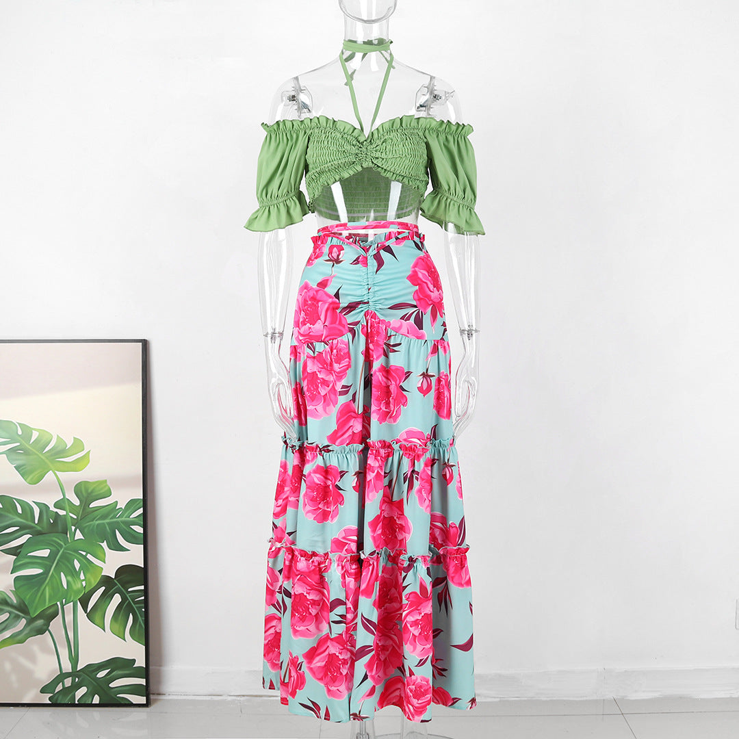 Holidays Long Skirt Set Off Shoulder Halter Neck Top Lace-Up High Waist Skirt Two Piece Set 9