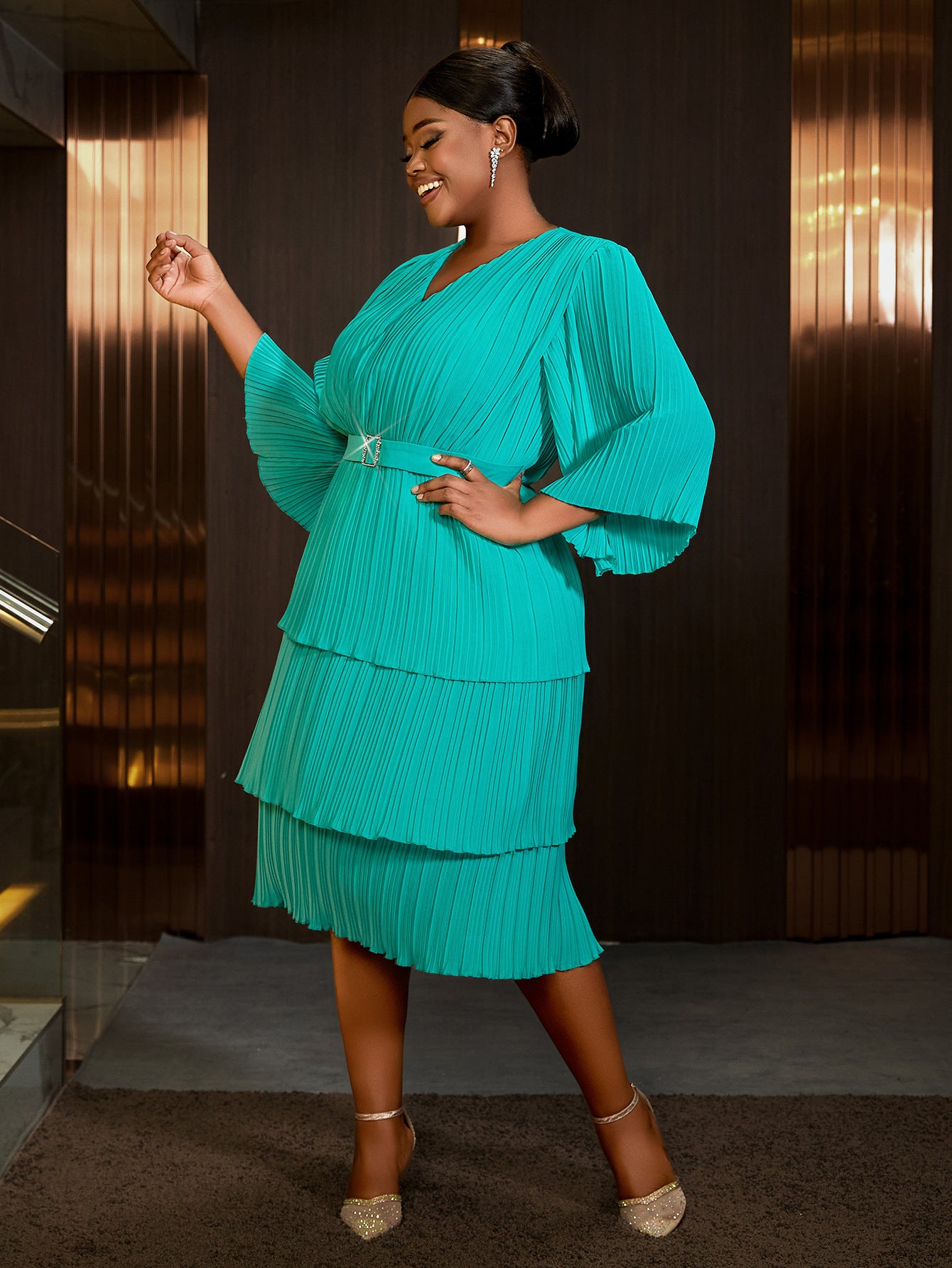 Women Ruffle Sleeve Elegant Formal Party Chiffon Dresses