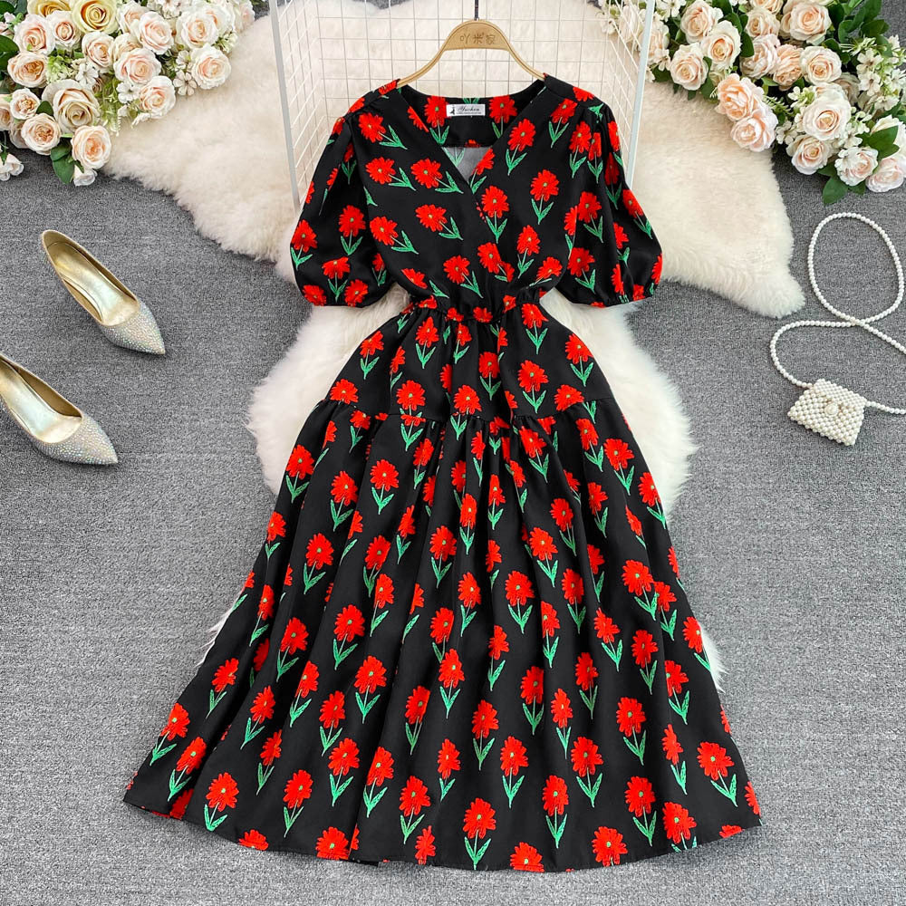 Women Summer V-Neck Puff Sleeve Floral Dress 13