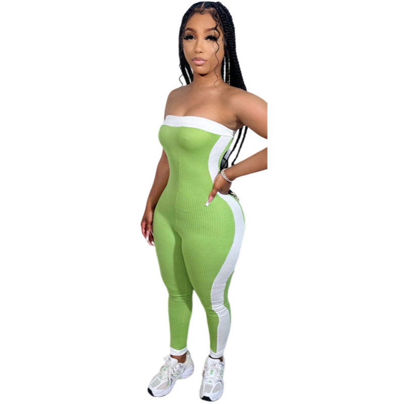 Strapless Color Block Sexy Tight Fitting Sporty Jumpsuit 13