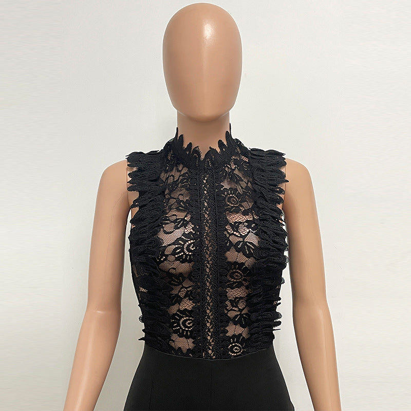 Women's High Neck Fashion Sleeveless Lace Patchwork Straight Leg Women's Jumpsuit 15