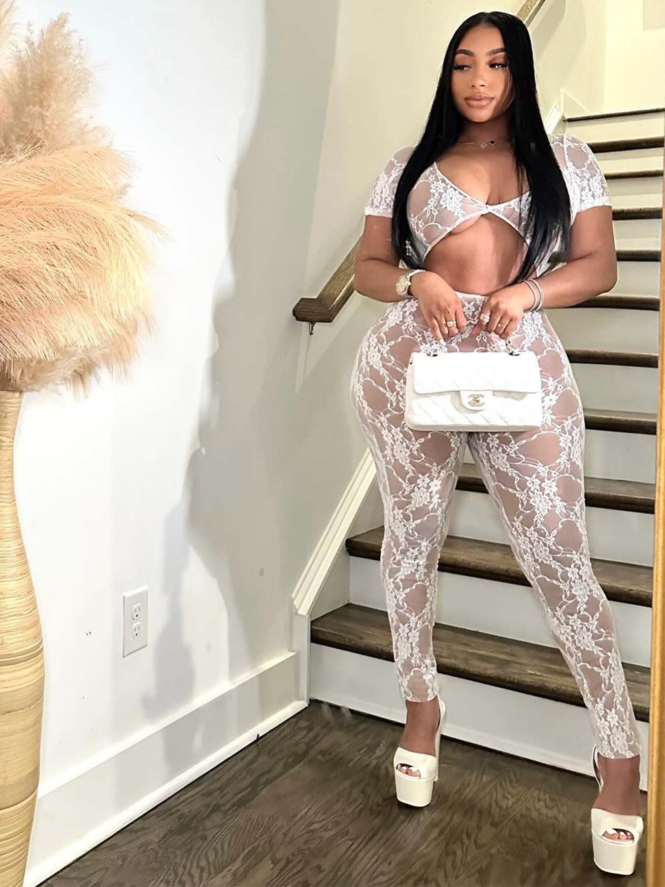 Women Sexy Lace Sleeve Crop Jumpsuit