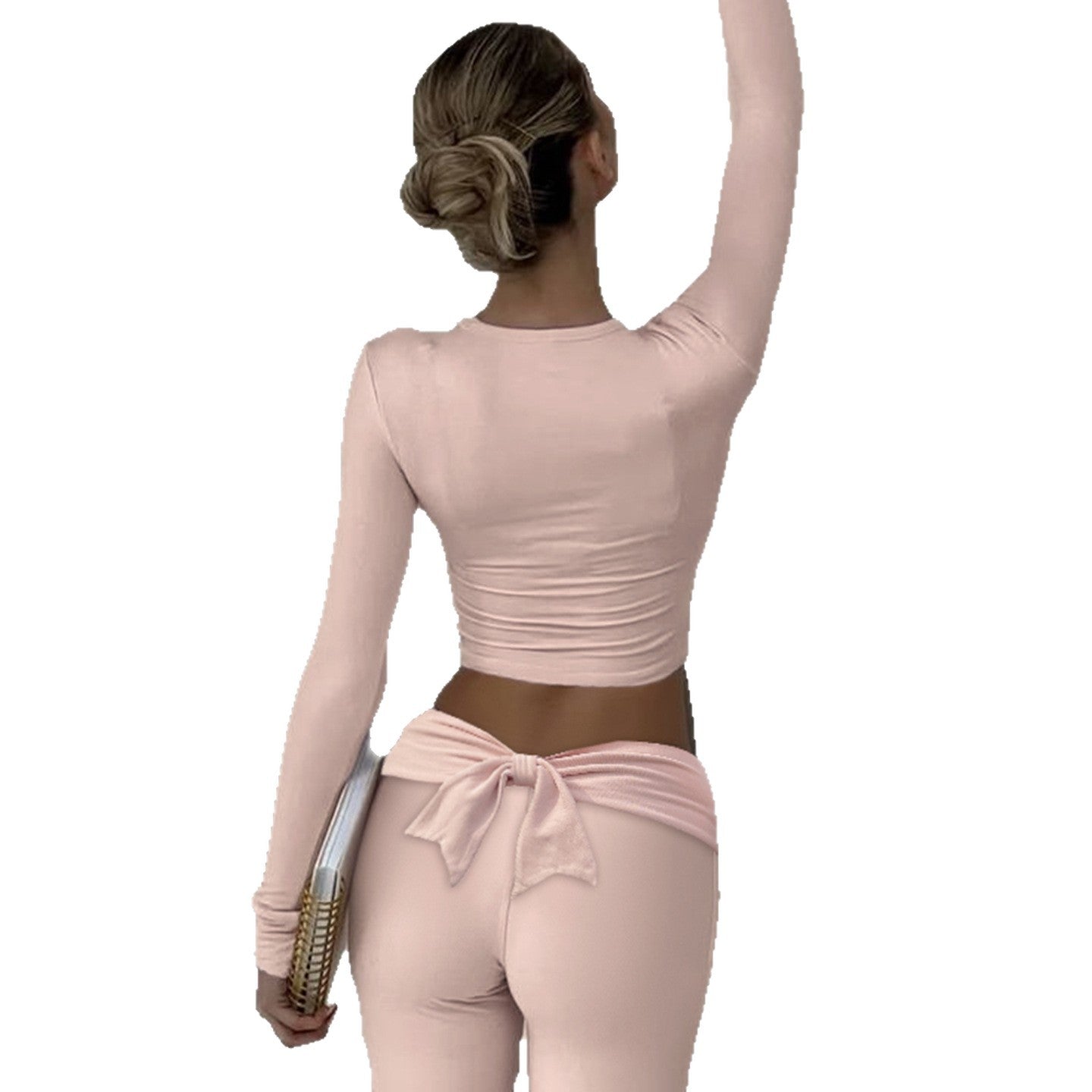 Women Casual Solid Bow Patchwork V-Neck Top and Bell Bottom Pants Two-Piece Set 7