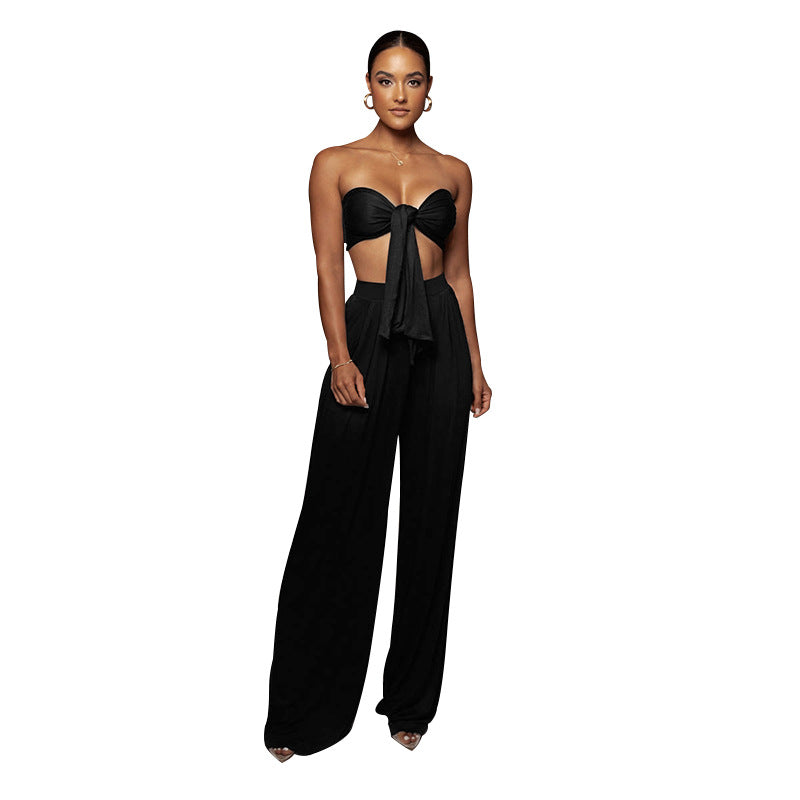 Women's Sexy Solid Color Tie Strapless Top Mid-Waist Wide Leg Pants Fashion Casual Two Piece Set 10