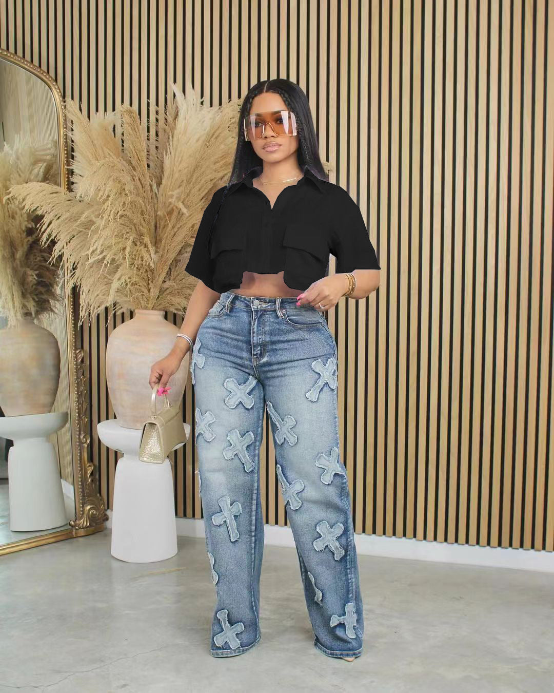 Spring Summer Women's Short Sleeve Solid Color Short Sleeve Crop Shirt 12