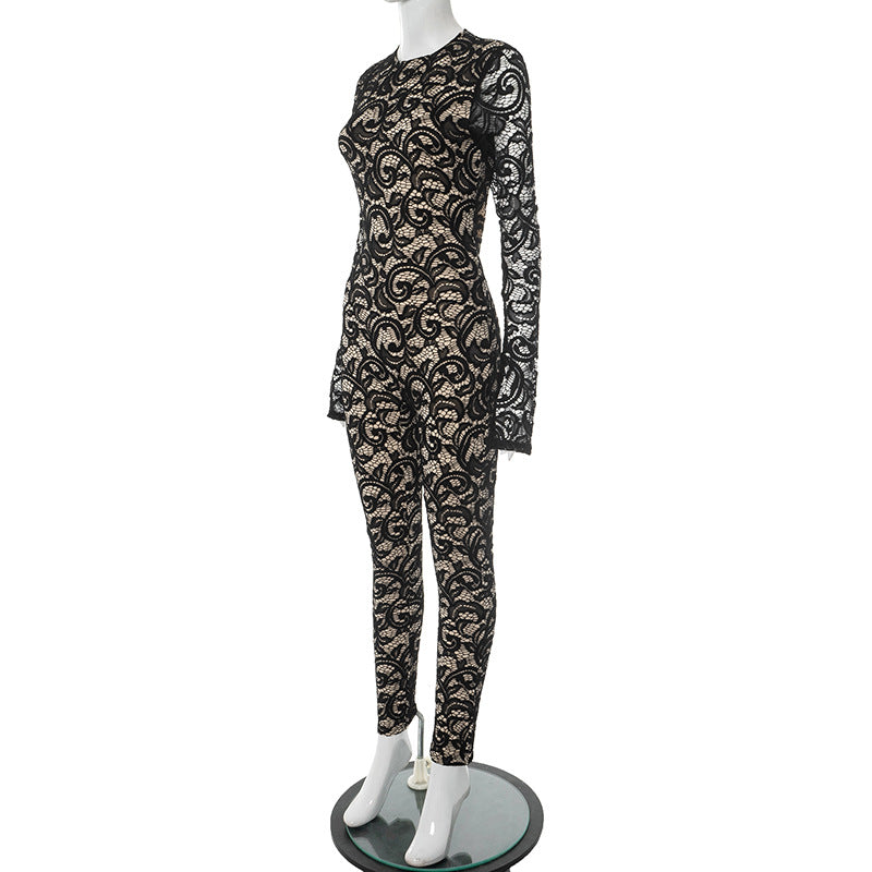 Women's Spring-Summer Round Neck Lace Low Back Jumpsuit 7