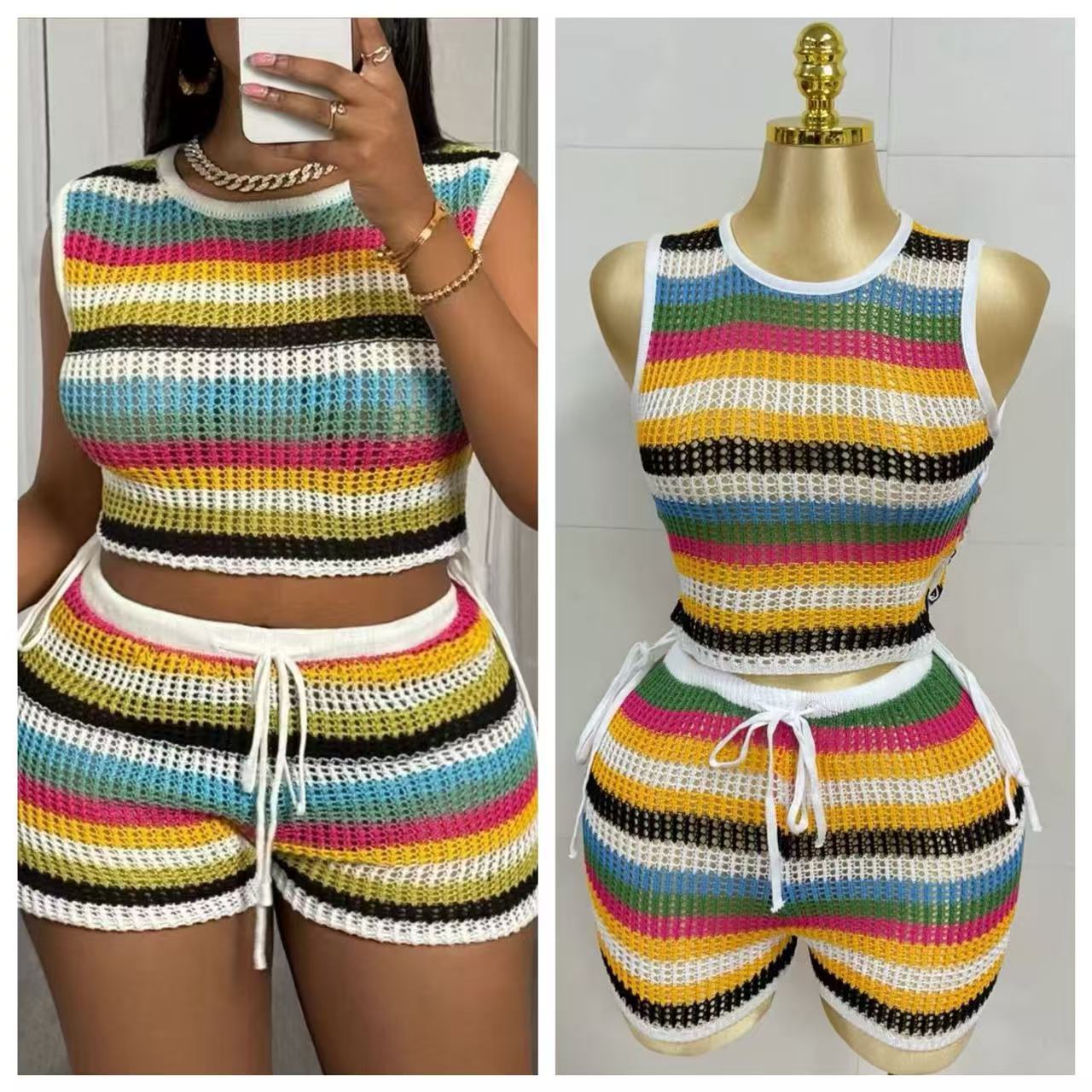 Knitted Striped Patchwork Two-Piece Shorts Set Women's Casual Outfit