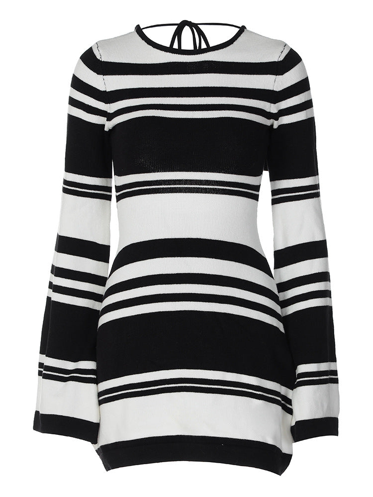 Women Knitting Stripe Bell Bottom Sleeve Tie Backless Sweater Dress 6