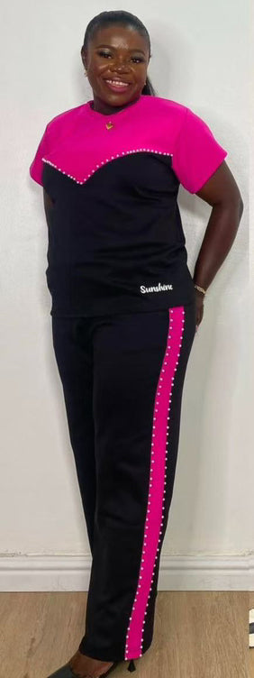 Women Casual Patchwork Contrast Beaded Short Sleeve Top and Pant Two-Piece Set